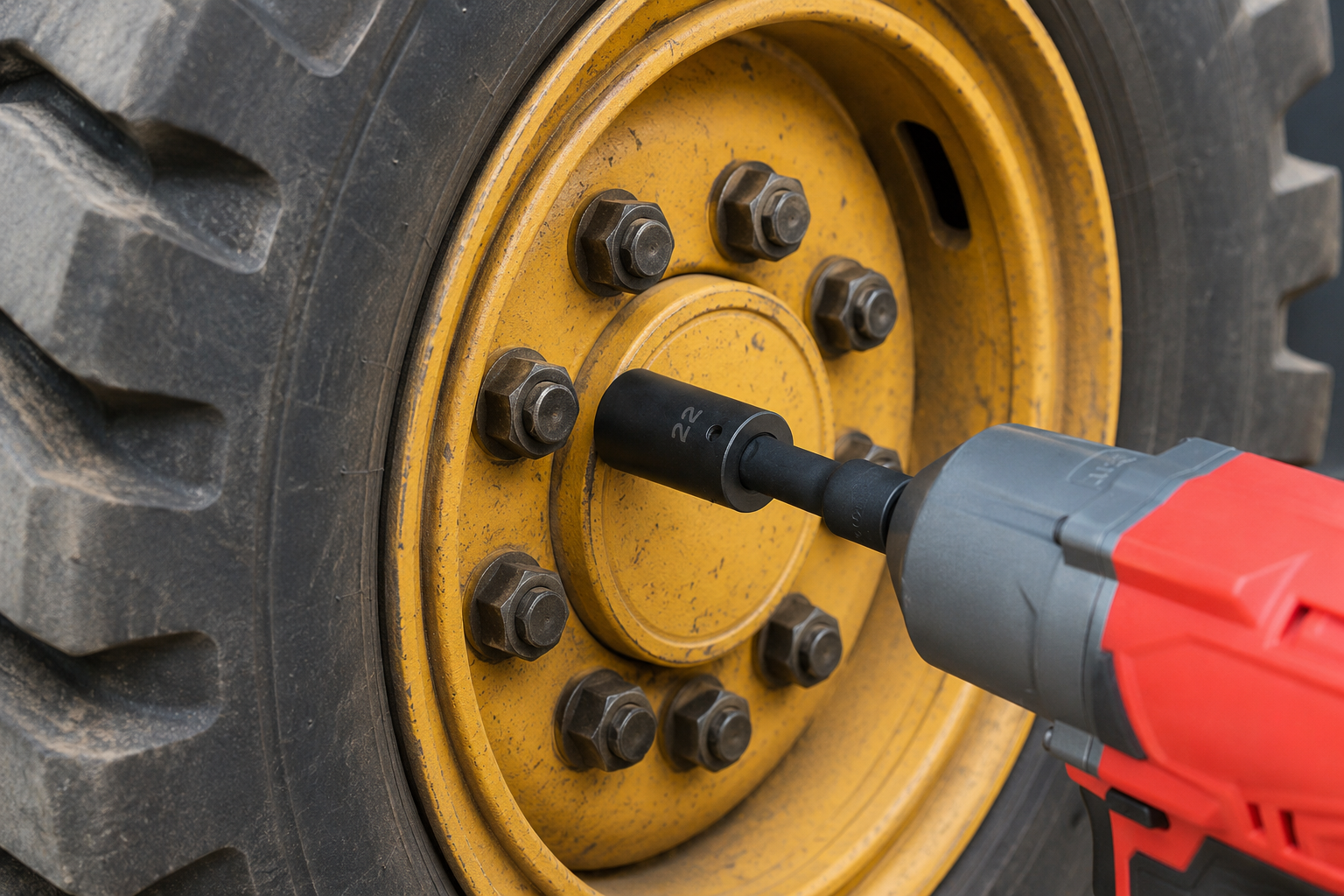 Kunci impact digunakan untuk mengencangkan baut pada velg kuning ban loader alat berat.